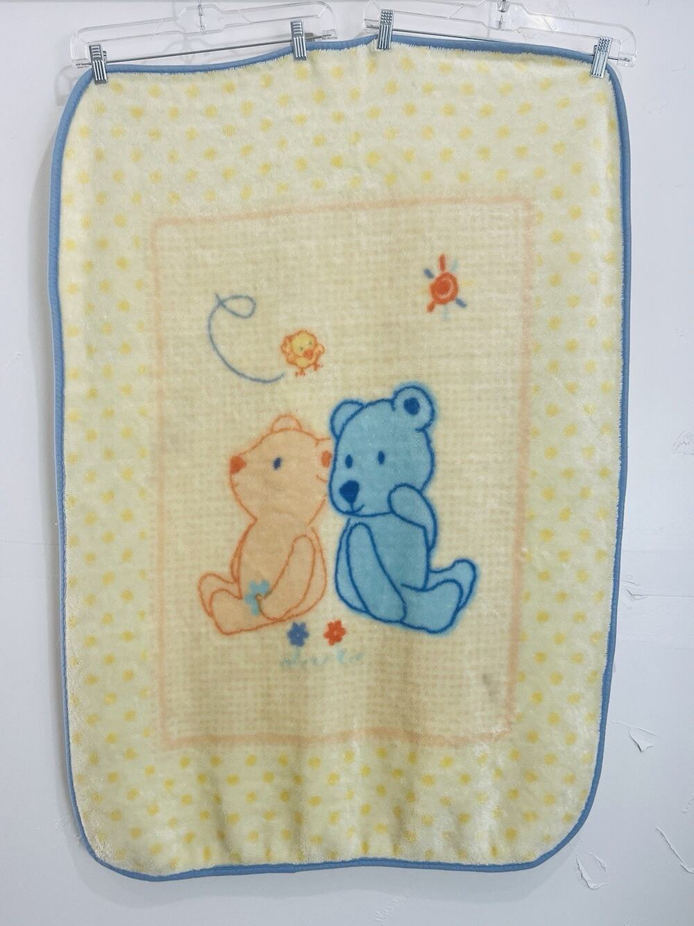 VTG Child of Mine Baby Blanket Yellow Blue Teddy 2 Bear Bird Sun Plush Throw Sof